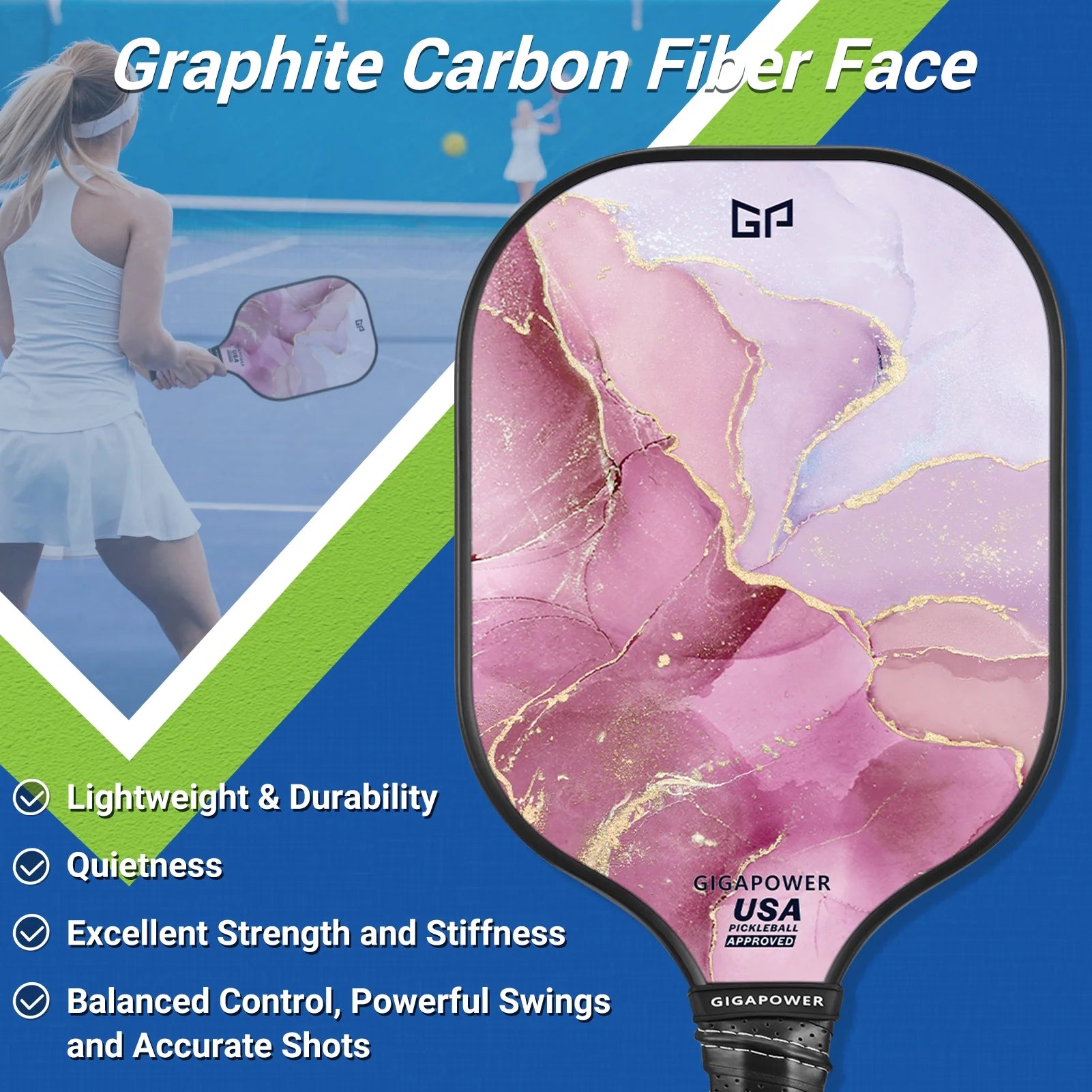 USAPA Approved Pickleball Paddle Set – Carbon Fiber Paddles with Honeycomb Core | 2 Lightweight Paddles, 4 Pickleballs (Indoor & Outdoor), Carry Bag | For All Ages & Skill Levels | Glitter Marble Design