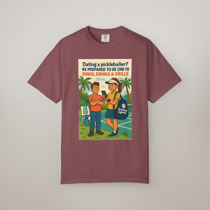 Pickleballer Unisex T-shirt: Dinks, Drinks, Drills Funny Tee for Players and Fans