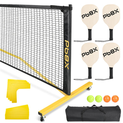 22FT Portable Pickleball Net Set W/ Locking Wheels - Complete Beginner Kit (Net, 4 Paddles, 6 Balls, Bag, Line Markers)