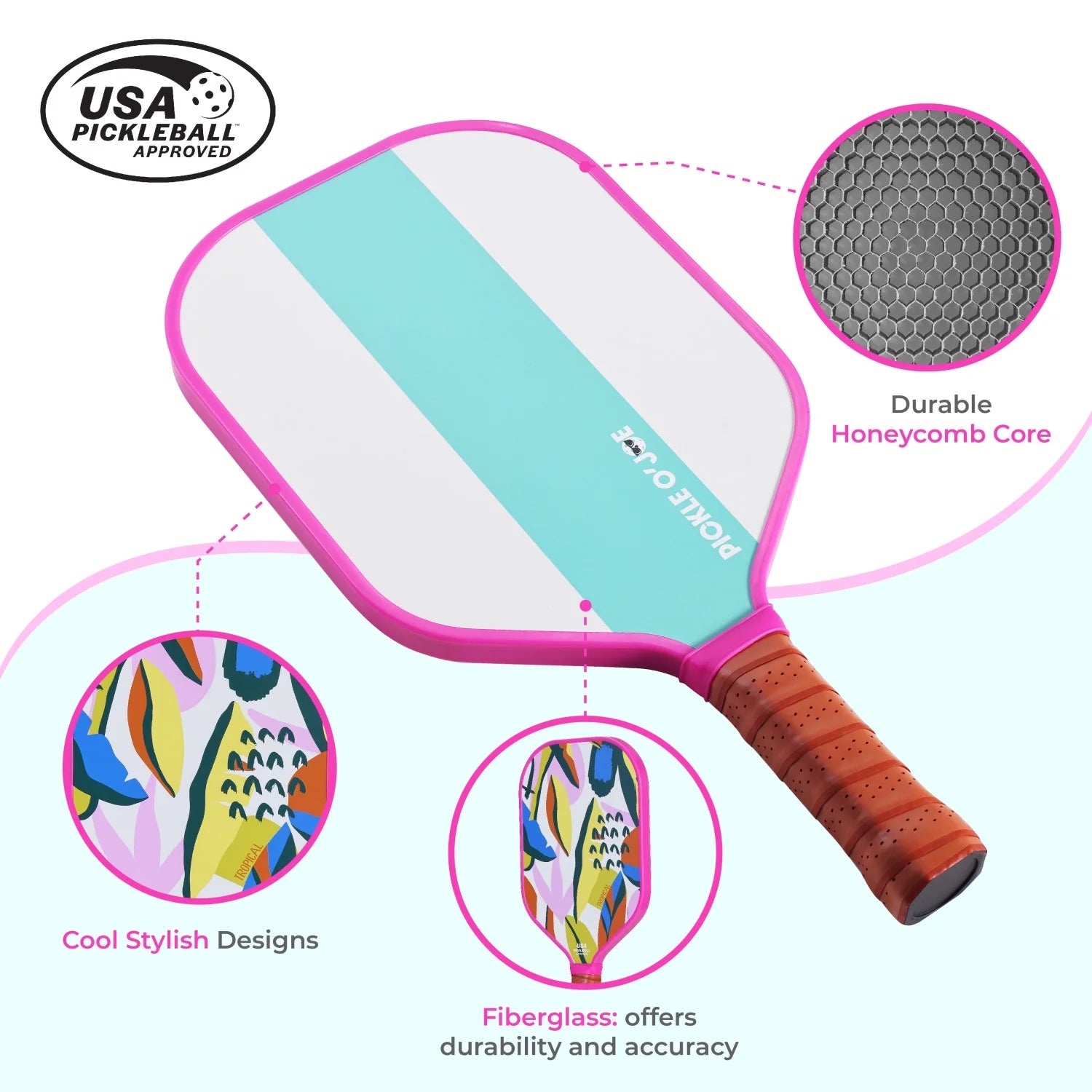 USAPA-Approved Pickleball Paddle – Lightweight Fiberglass Composite with Comfort Grip | Tropical Design for All Skill Levels