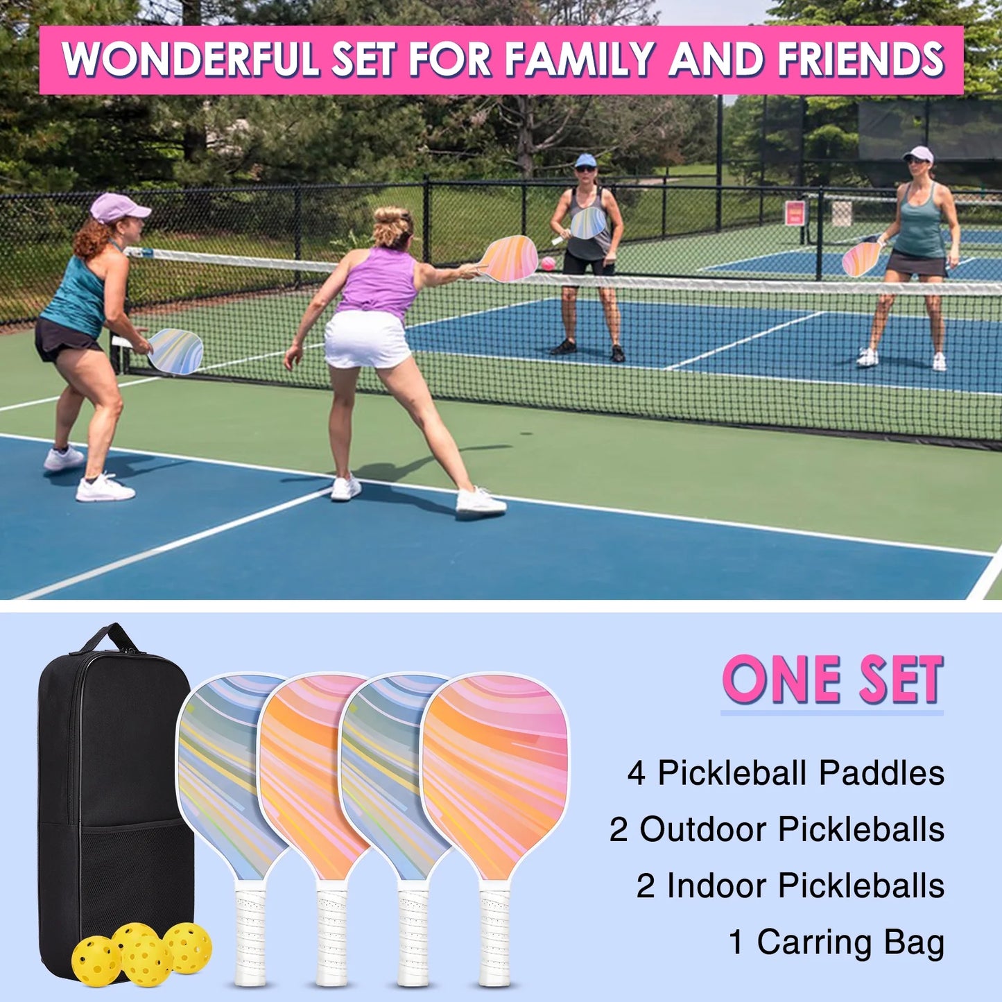 Pickleball Paddle Set – USAPA Approved | 4 Wood Paddles, 4 Indoor/Outdoor Pickleballs & Carry Bag | Beginner & Family-Friendly Pickleball Racket Set for Adults & Kids