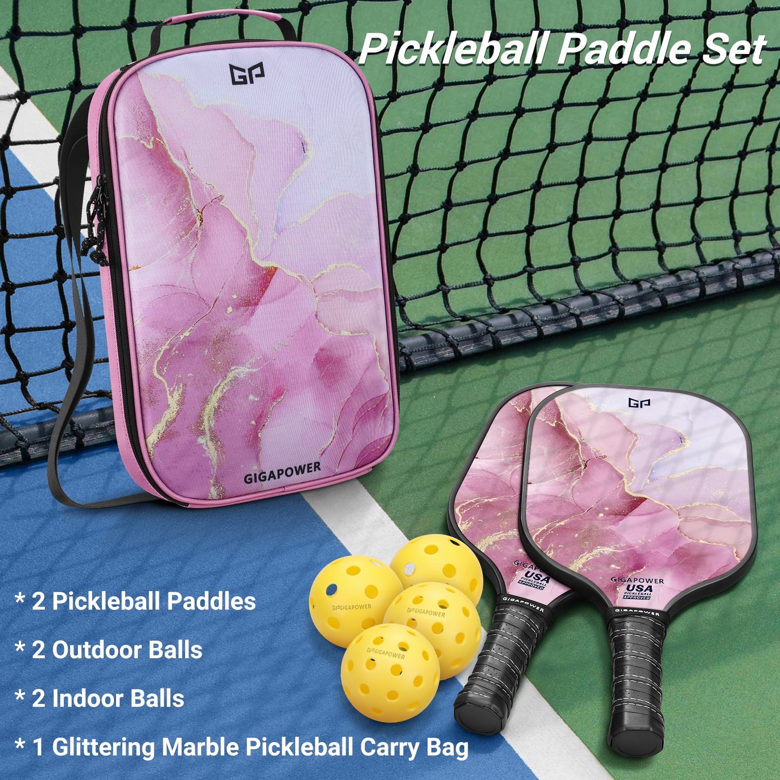 USAPA Approved Pickleball Paddle Set – Carbon Fiber Paddles with Honeycomb Core | 2 Lightweight Paddles, 4 Pickleballs (Indoor & Outdoor), Carry Bag | For All Ages & Skill Levels | Glitter Marble Design