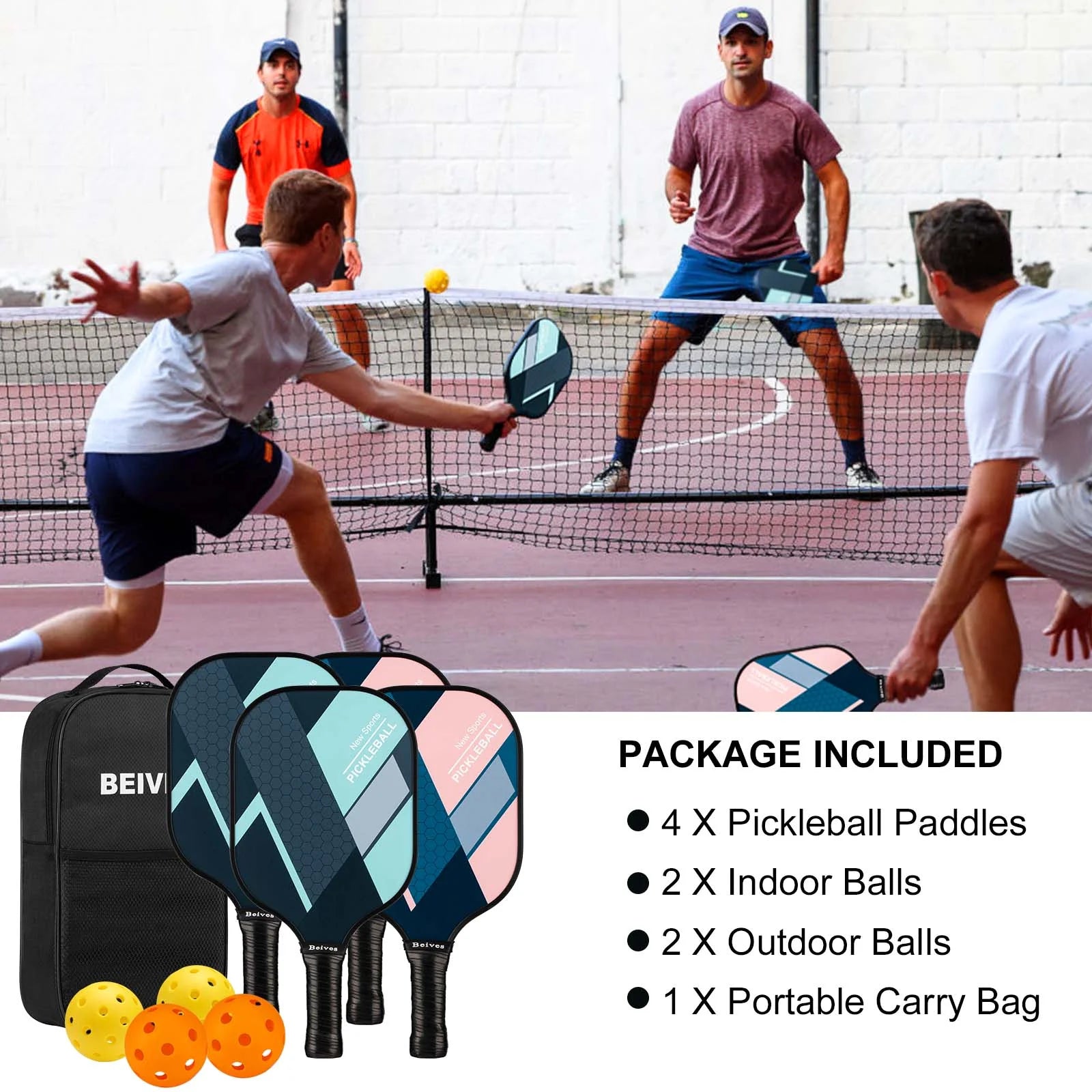 Pickleball Paddle Set – Lightweight Fiberglass Rackets for All Skill Levels | Includes 4 Paddles, 4 Balls & Carrying Bag