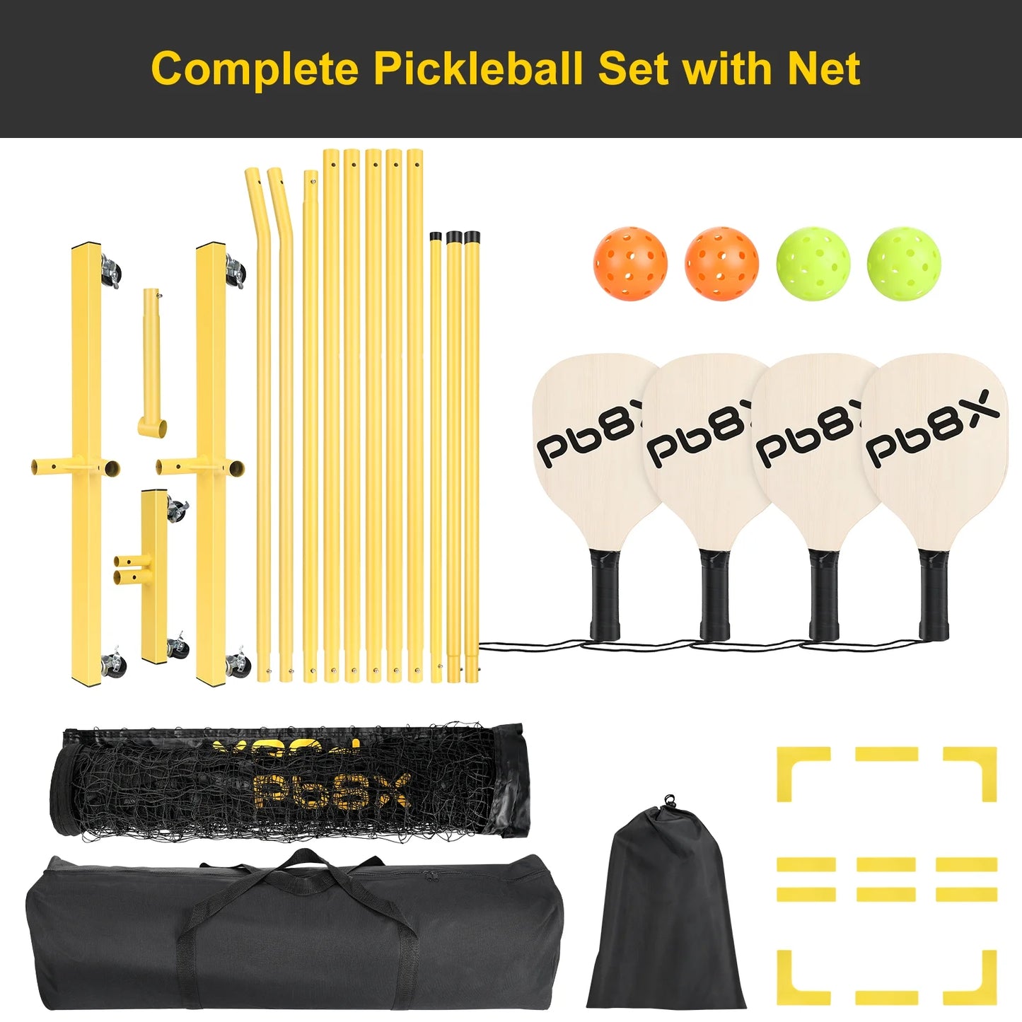 22FT Portable Pickleball Net Set W/ Locking Wheels - Complete Beginner Kit (Net, 4 Paddles, 6 Balls, Bag, Line Markers)