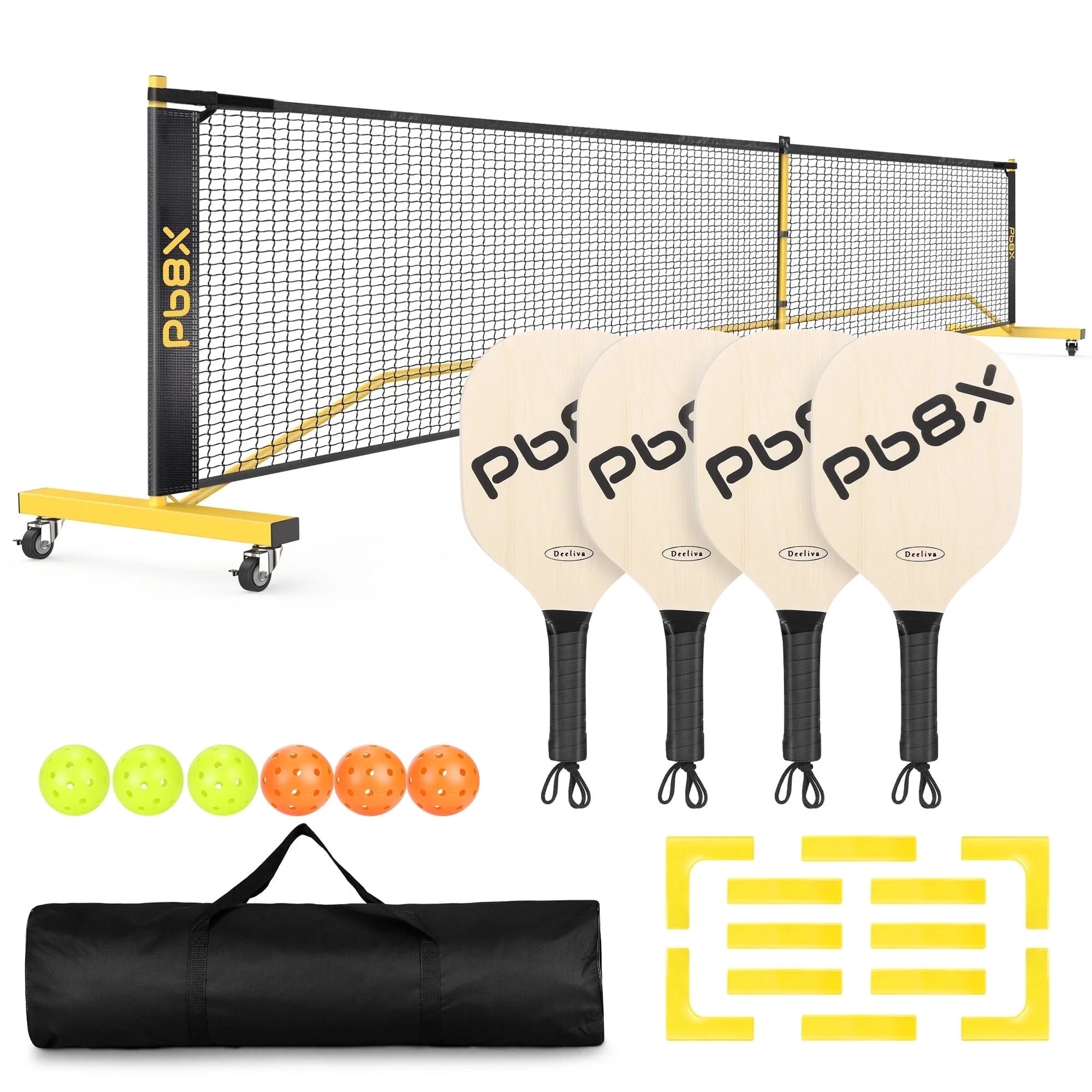22FT Portable Pickleball Net Set W/ Locking Wheels - Complete Beginner Kit (Net, 4 Paddles, 6 Balls, Bag, Line Markers)