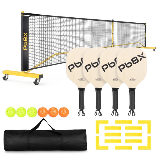 22FT Portable Pickleball Net Set W/ Locking Wheels - Complete Beginner Kit (Net, 4 Paddles, 6 Balls, Bag, Line Markers)