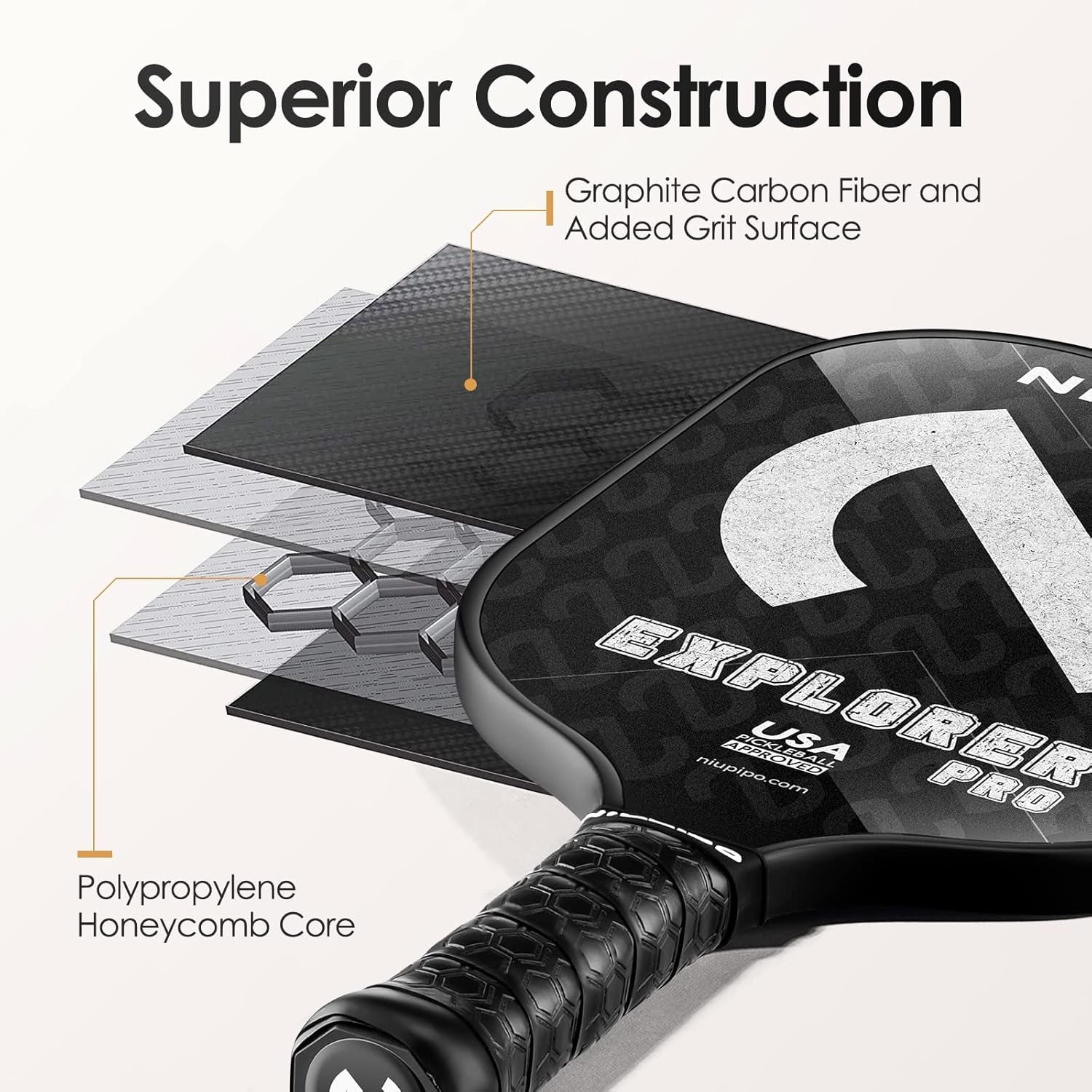 EXPLORER PRO USAPA Approved Pickleball Paddle – Graphite Carbon Fiber Face with Grit, Honeycomb Core & Cushion Grip | Pro-Level Paddle for Power, Spin & Control | Used by National Champions